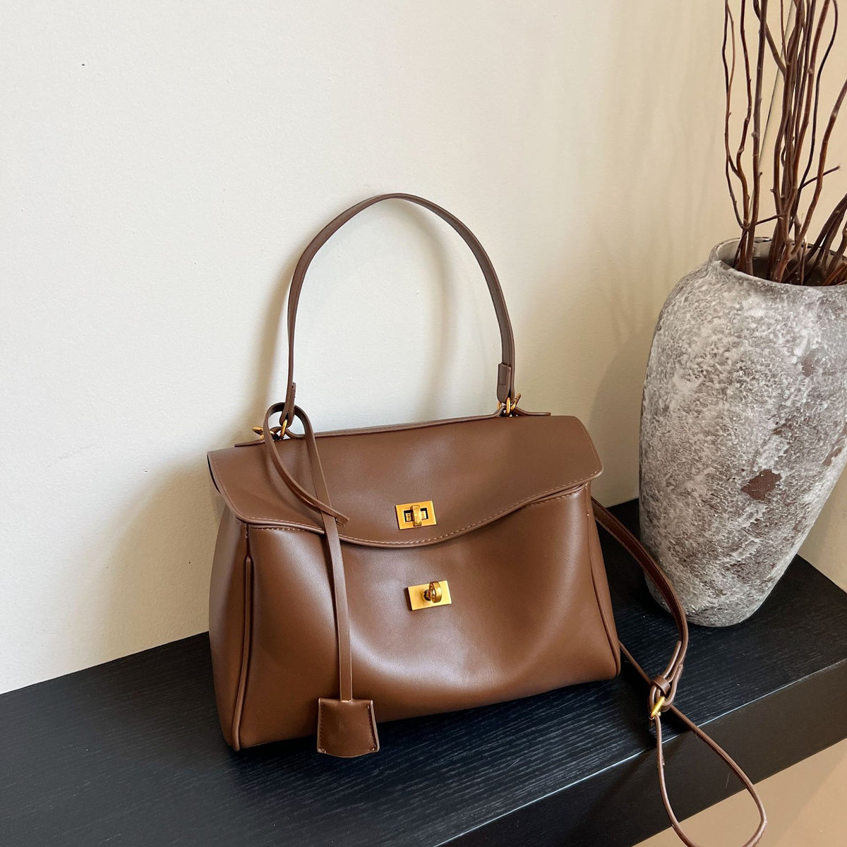 Modern Knight Tote Bag - Vintage Gold Buckle - Midnight Black