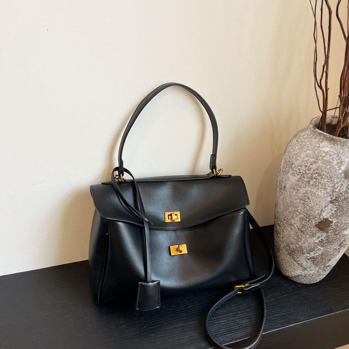 Modern Knight Tote Bag - Vintage Gold Buckle - Midnight Black