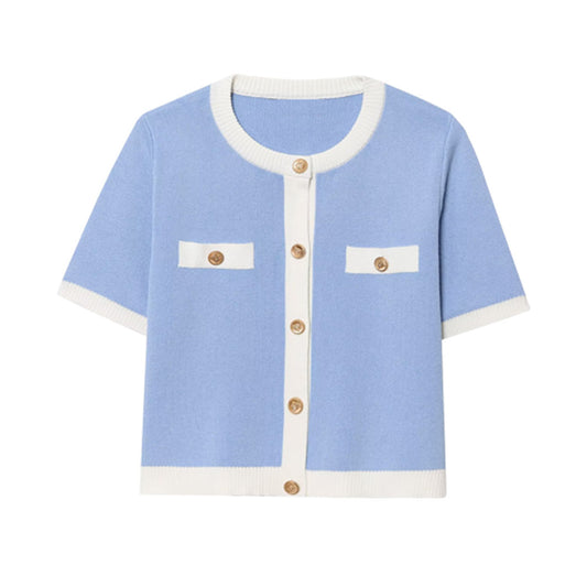 Parisian Contrast Knit Top - Powder Blue