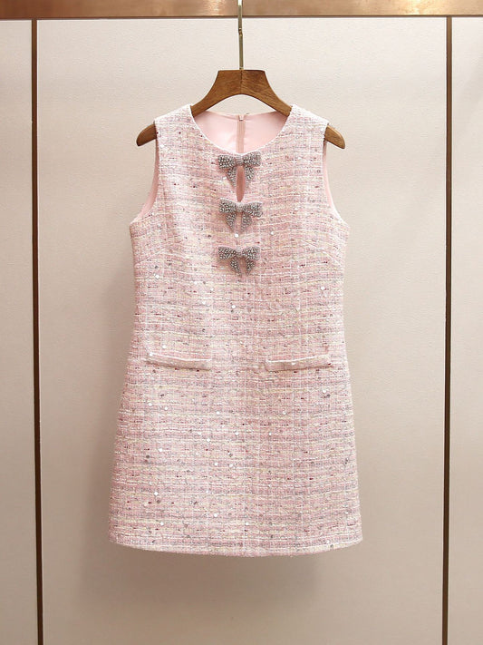 Parisian Crystal Bow Sequin Tweed Dress