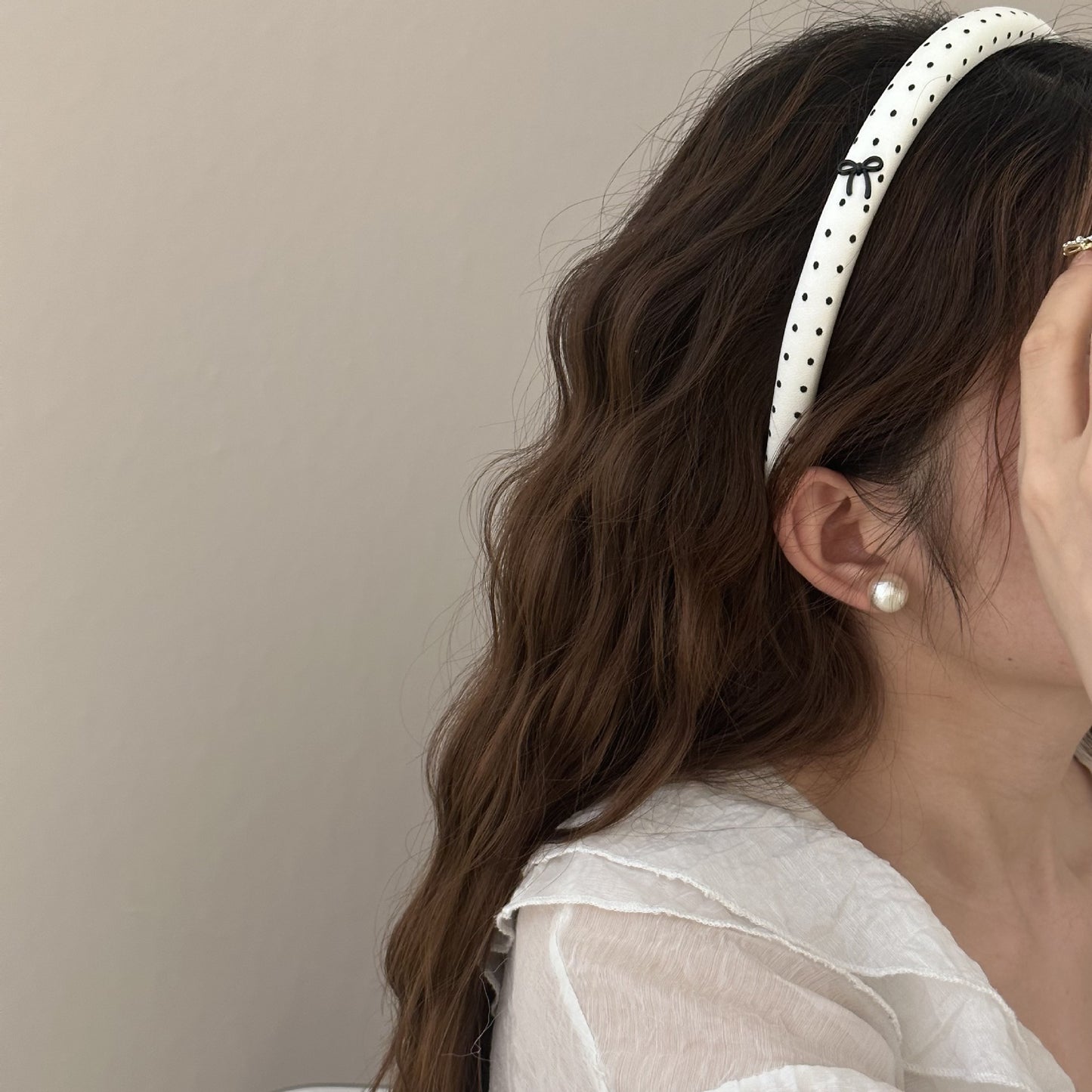 Petite Bow Polka Dot Headband - Blanc White